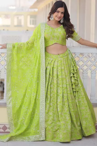 Green Color Viscose Jacquard Embroidered Sequins Work Lehenga Choli With Dupatta