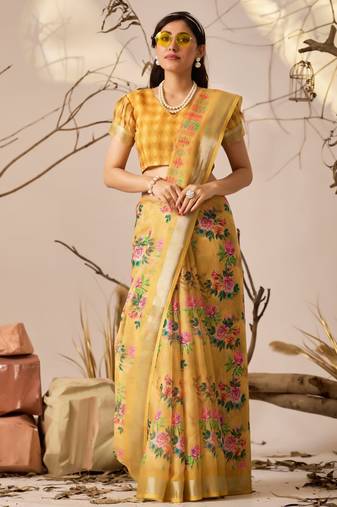 yellow linen-cotton saree with digital floral & patola print and contrast border