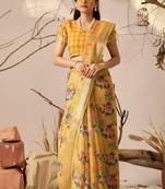 yellow linen-cotton saree with digital floral & patola print and contrast border
