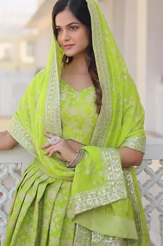 Green Color Viscose Jacquard Embroidered Sequins Work Lehenga Choli With Dupatta