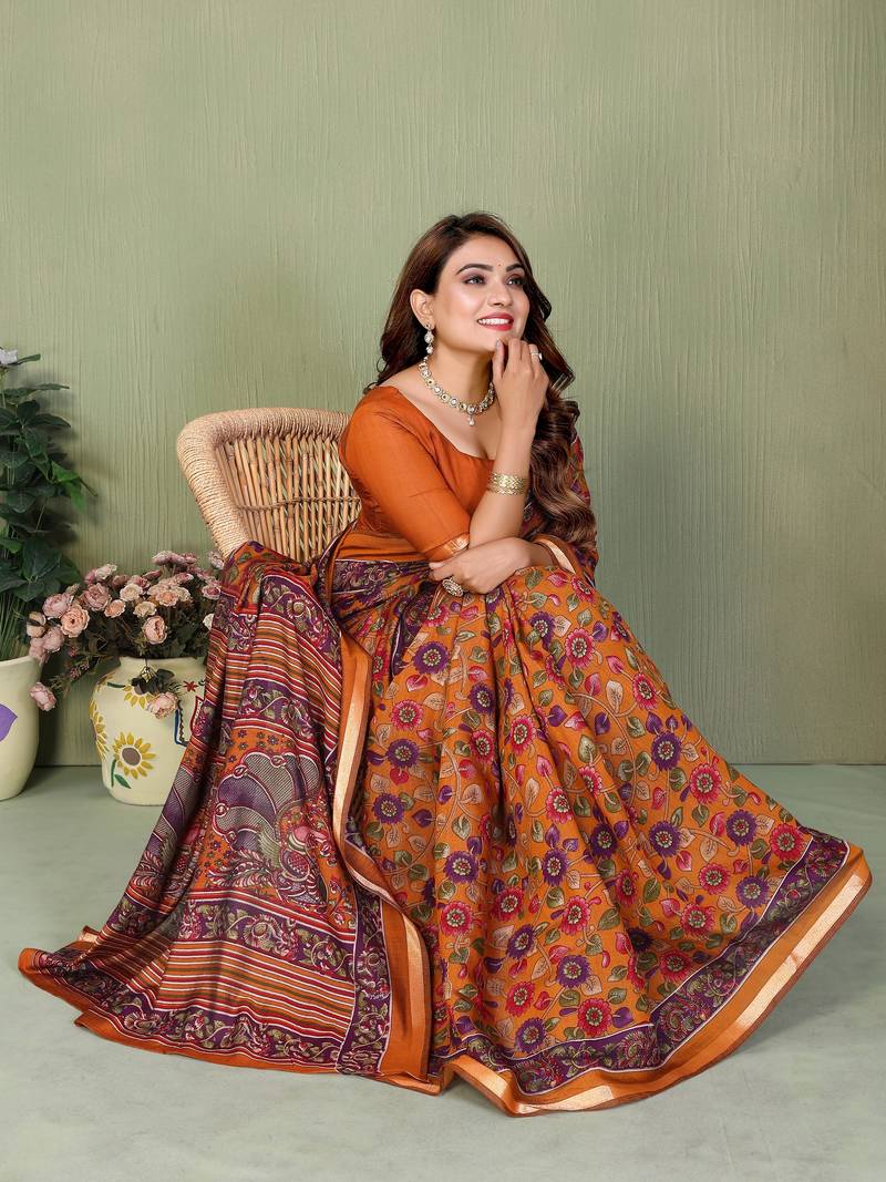 mustard color mul cotton fabric designer printed partywear saree