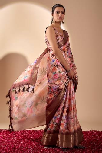 Elegant soft lichi silk saree with digital floral print and golden zari border – vintage charm