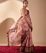 Elegant soft lichi silk saree with digital floral print and golden zari border     vintage charm