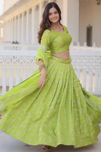 Green Color Viscose Jacquard Embroidered Sequins Work Lehenga Choli With Dupatta