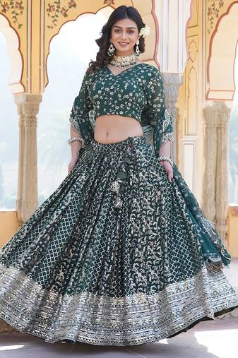 Green Color Viscose Jacquard Embroidered Sequins Work Lehenga Choli With Dupatta