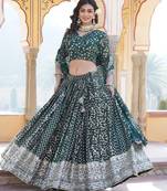 Green Color Viscose Jacquard Embroidered Sequins Work Lehenga Choli With Dupatta