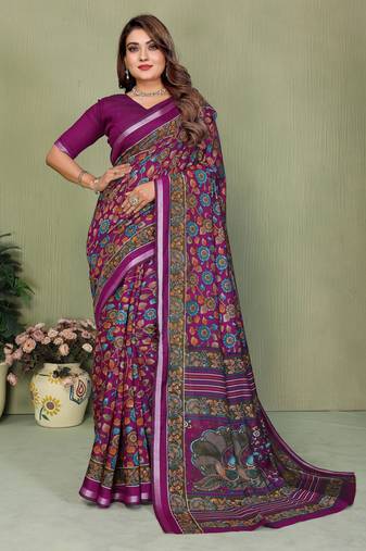 purple color mul cotton fabric designer printed partywear saree