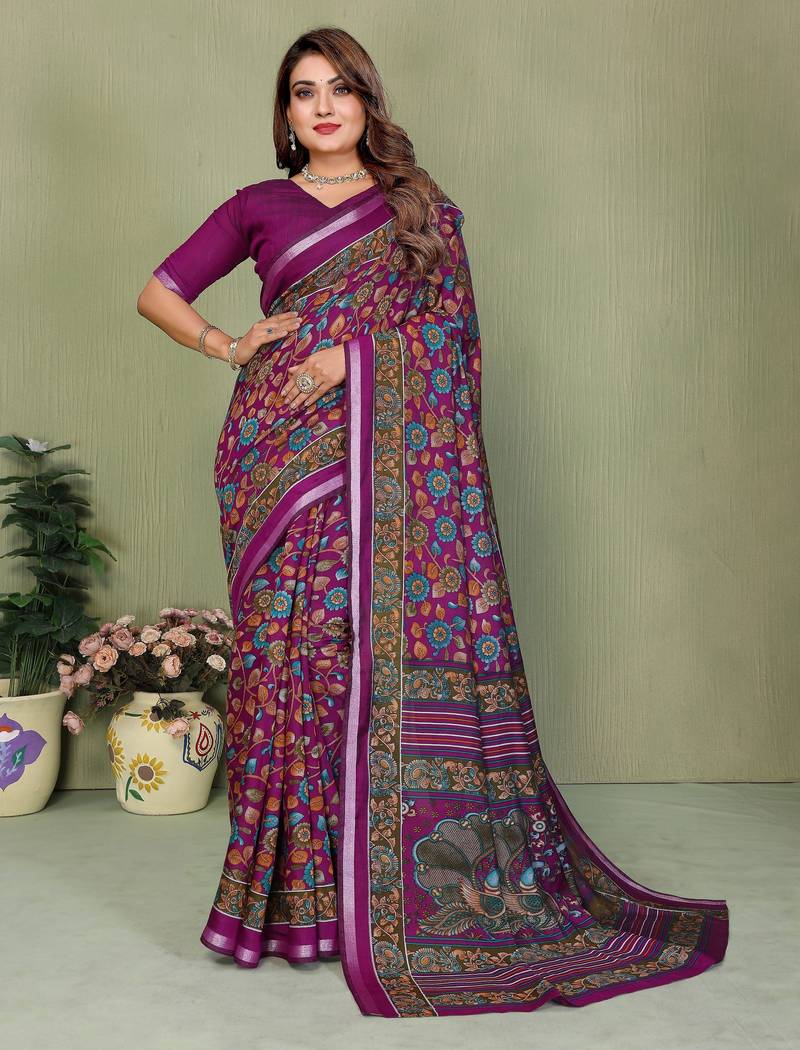 purple color mul cotton fabric designer printed partywear saree