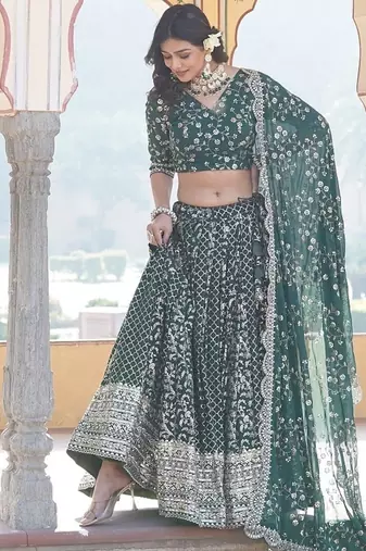 Green Color Viscose Jacquard Embroidered Sequins Work Lehenga Choli With Dupatta