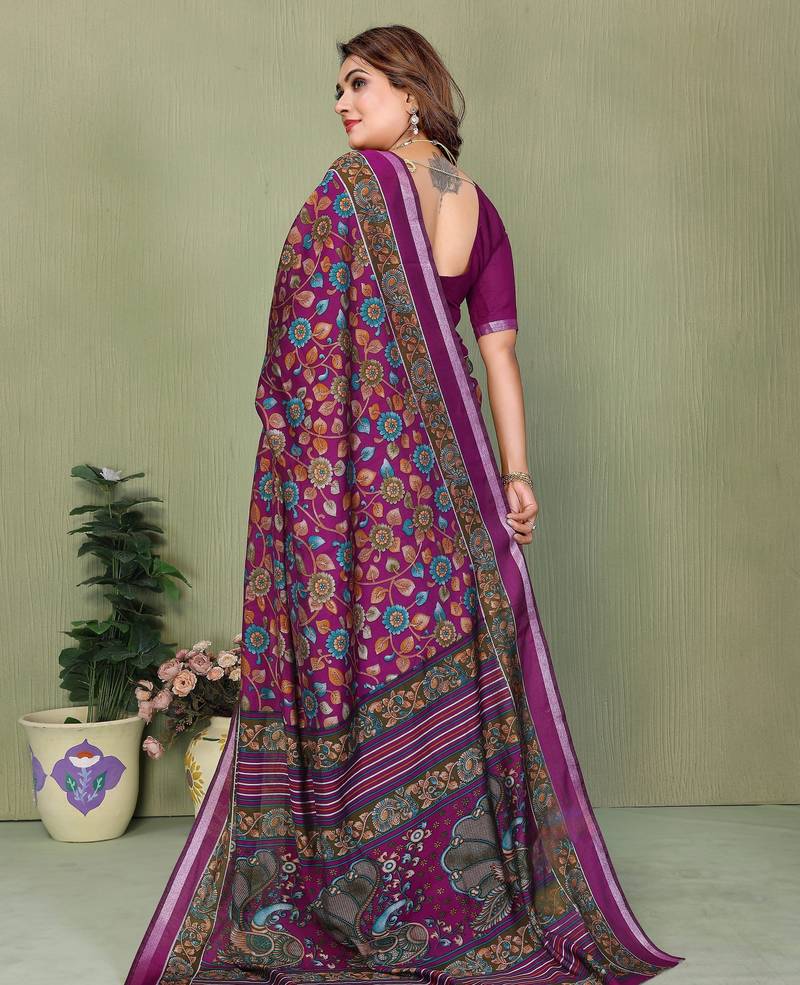 purple color mul cotton fabric designer printed partywear saree