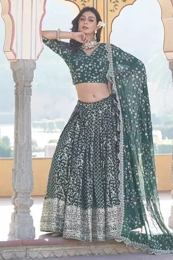 Green Color Viscose Jacquard Embroidered Sequins Work Lehenga Choli With Dupatta