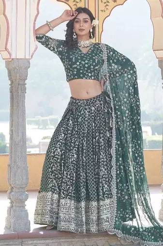 Green Color Viscose Jacquard Embroidered Sequins Work Lehenga Choli With Dupatta