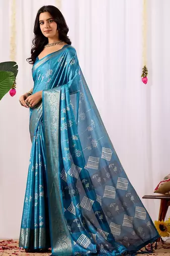blue premium lichi silk blend saree with silver zari and ethnic motifs