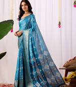 blue premium lichi silk blend saree with silver zari and ethnic motifs
