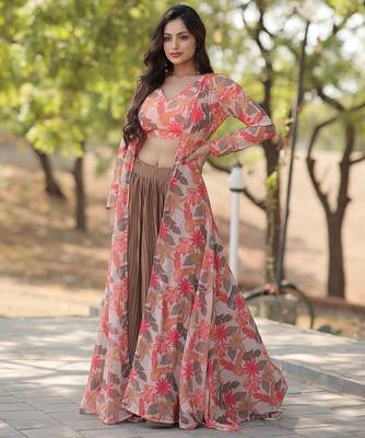 Coffee Faux Georgette Lehenga Choli Shrug 2