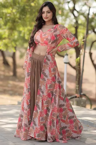 Coffee Faux Georgette Lehenga Choli Shrug