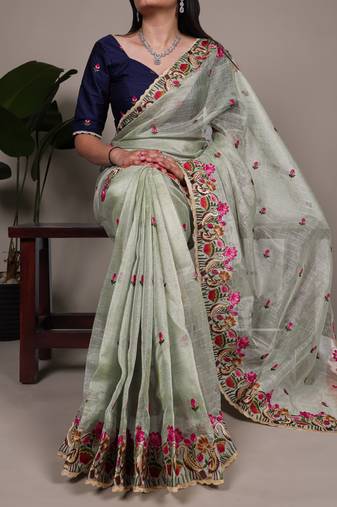 exquisite zari kota tissue saree with elegant thread embroidery