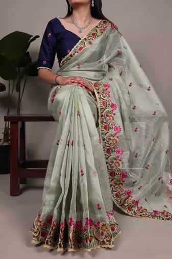 exquisite zari kota tissue saree with elegant thread embroidery