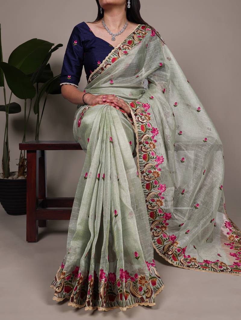 exquisite zari kota tissue saree with elegant thread embroidery