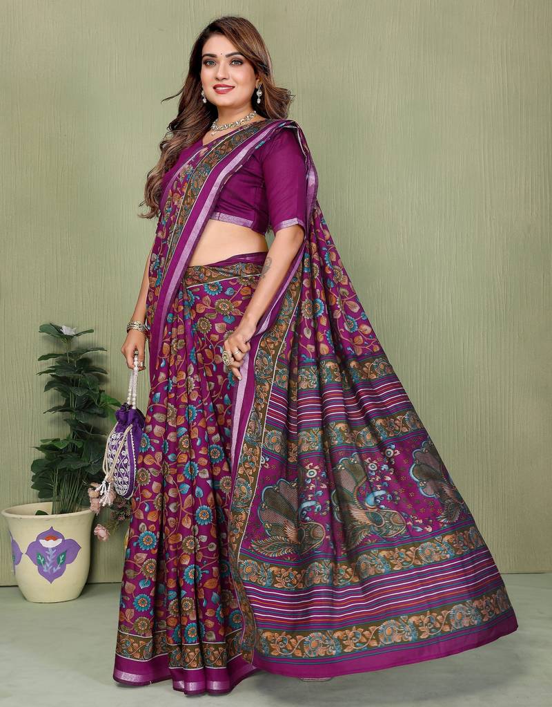 purple color mul cotton fabric designer printed partywear saree