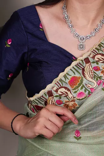 exquisite zari kota tissue saree with elegant thread embroidery