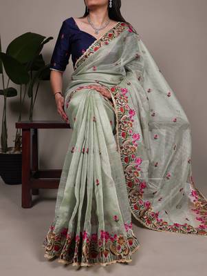 exquisite zari kota tissue saree with elegant thread embroidery 4