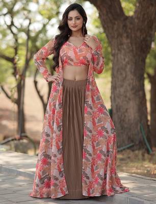 Coffee Faux Georgette Lehenga Choli Shrug 1