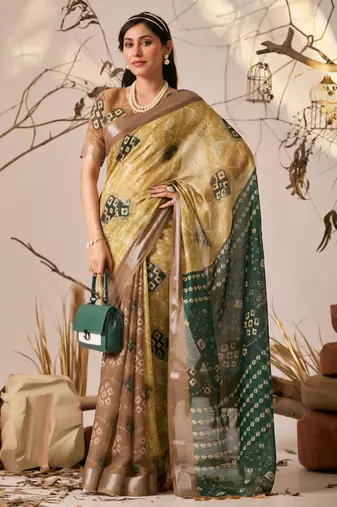 green linen-cotton saree with patola & ikat digital print and contrast border