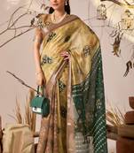 green linen-cotton saree with patola & ikat digital print and contrast border