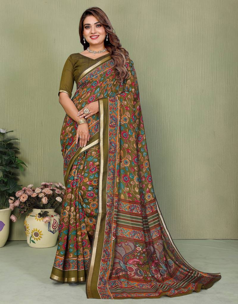 mahendi color mul cotton fabric designer printed partywear saree