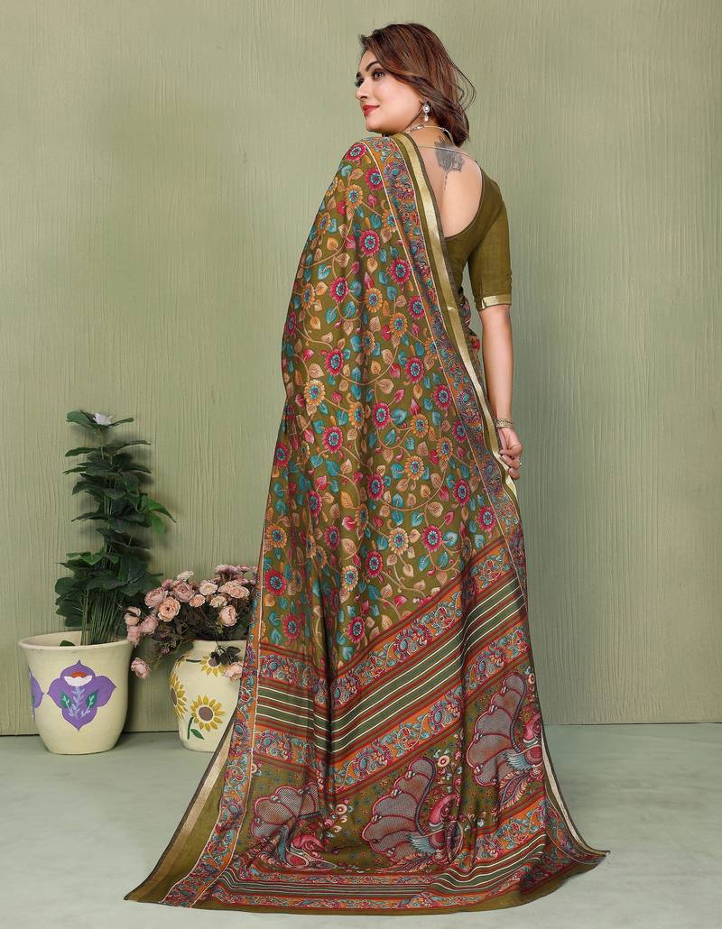 mahendi color mul cotton fabric designer printed partywear saree