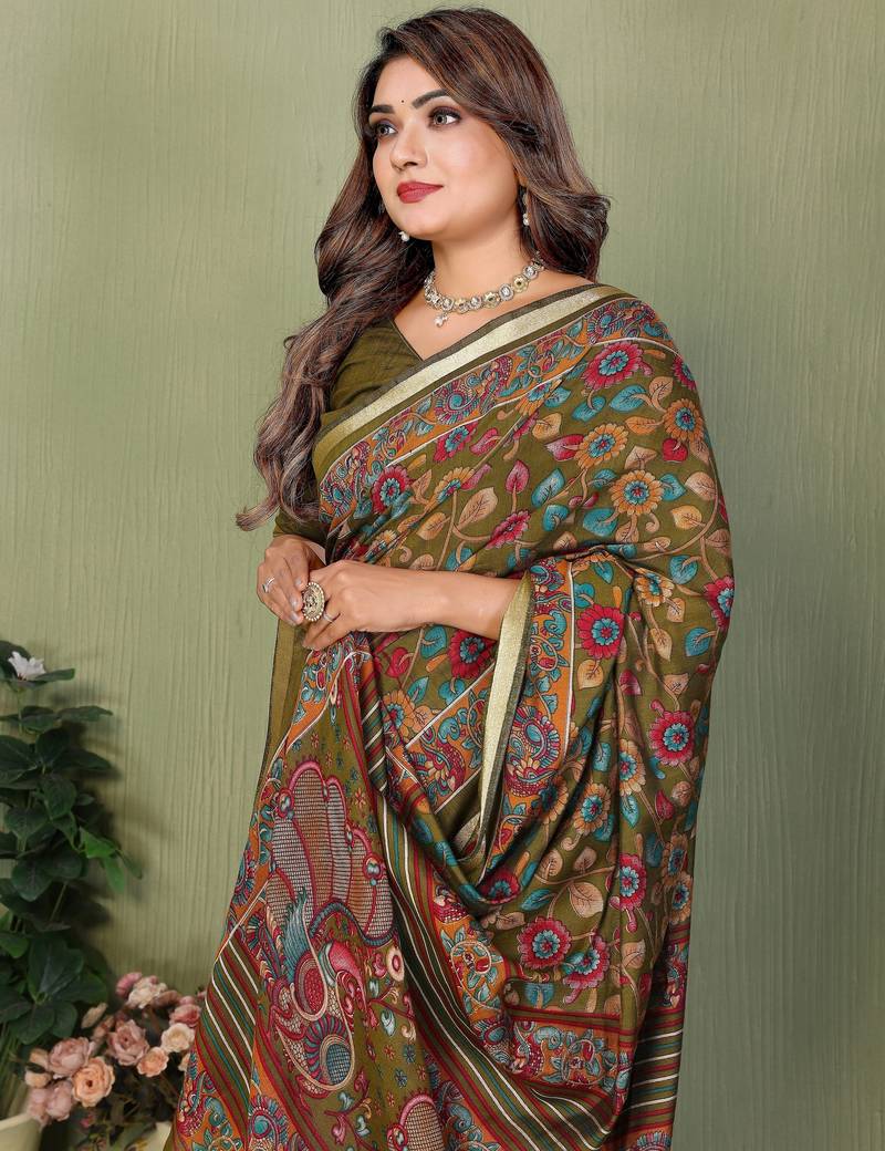 mahendi color mul cotton fabric designer printed partywear saree