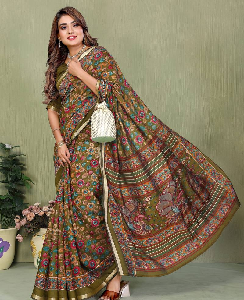 mahendi color mul cotton fabric designer printed partywear saree