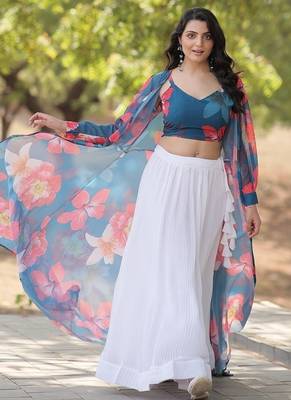 White Faux Georgette Lehenga Choli Shrug 4