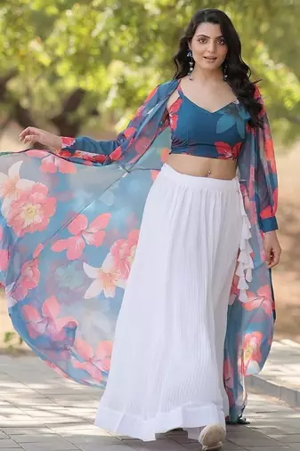White Faux Georgette Lehenga Choli Shrug