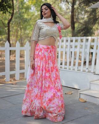 Pink Digital Printed Faux Georgette Sequins Work Lehenga Choli With Dupatta 1