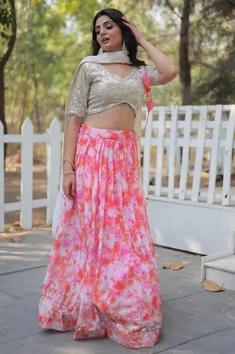 Pink Color Digital Printed Faux Georgette Sequins Work Lehenga Choli With Dupatta