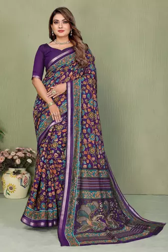 violet color mul cotton fabric designer printed partywear saree
