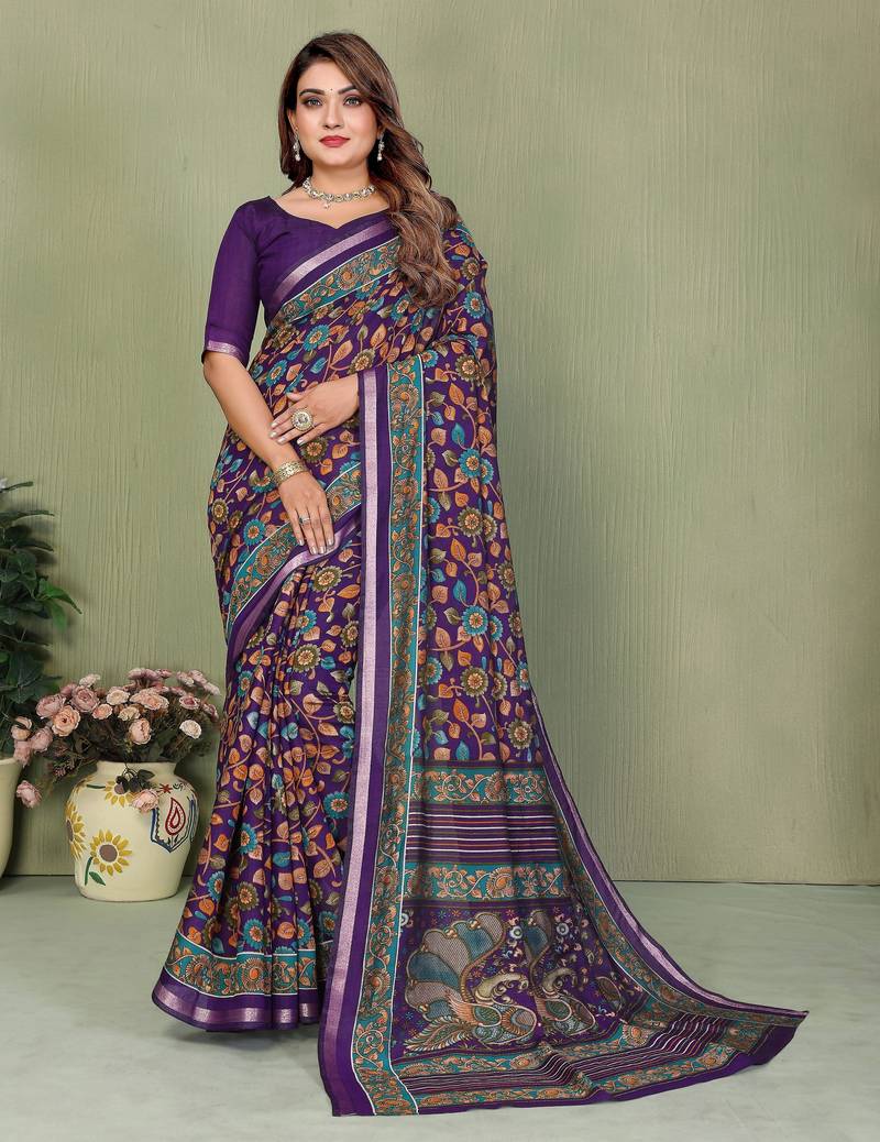 violet color mul cotton fabric designer printed partywear saree