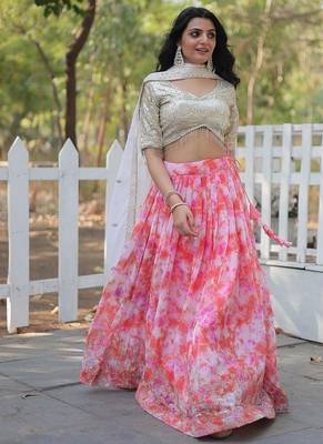 Pink Digital Printed Faux Georgette Sequins Work Lehenga Choli With Dupatta 2