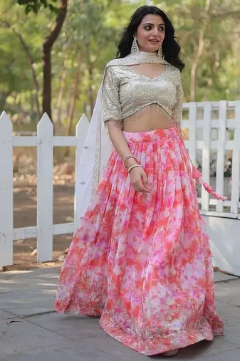 Pink Color Digital Printed Faux Georgette Sequins Work Lehenga Choli With Dupatta