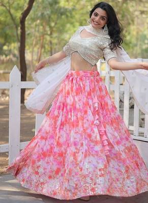 Pink Digital Printed Faux Georgette Sequins Work Lehenga Choli With Dupatta 3