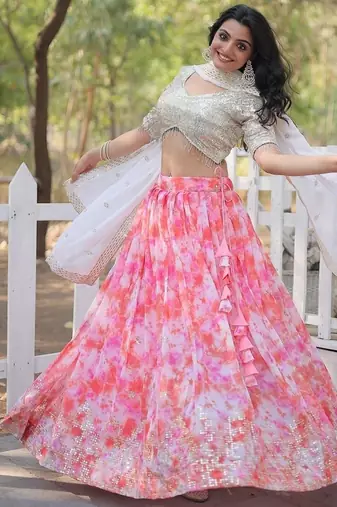 Pink Color Digital Printed Faux Georgette Sequins Work Lehenga Choli With Dupatta