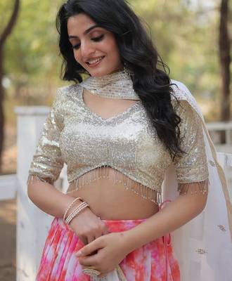 Pink Digital Printed Faux Georgette Sequins Work Lehenga Choli With Dupatta 4