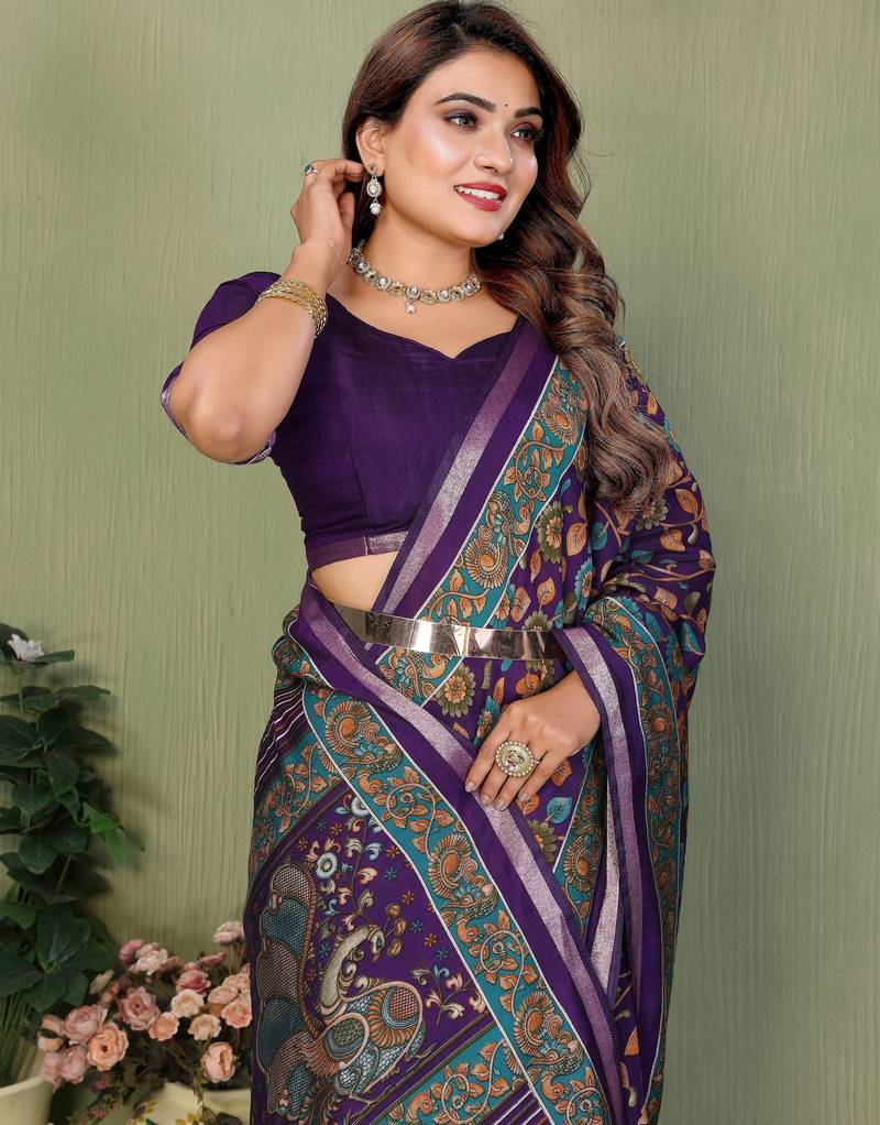 violet color mul cotton fabric designer printed partywear saree