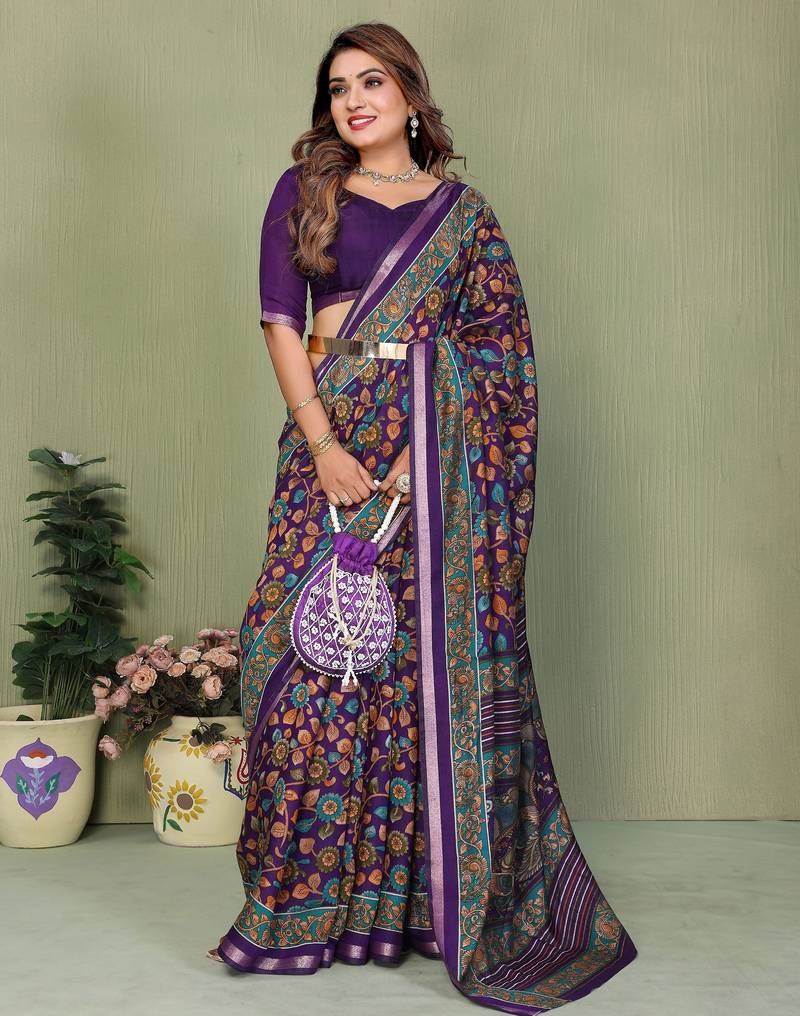 violet color mul cotton fabric designer printed partywear saree