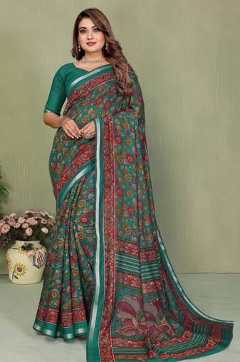 rama color mul cotton fabric designer printed partywear saree