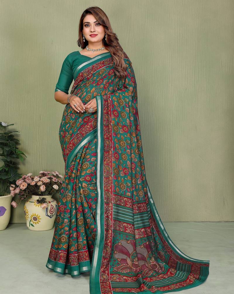 rama color mul cotton fabric designer printed partywear saree