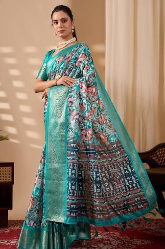 sea green lichi silk blend saree with abstract floral print & golden zari border