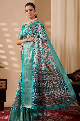 sea green lichi silk blend saree with abstract floral print & golden zari border